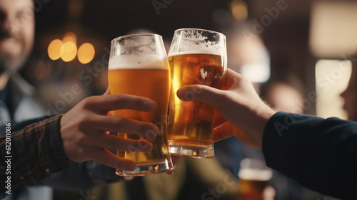 glass of beer in hand, group of happy friends drinking and toasting beer, generative ai