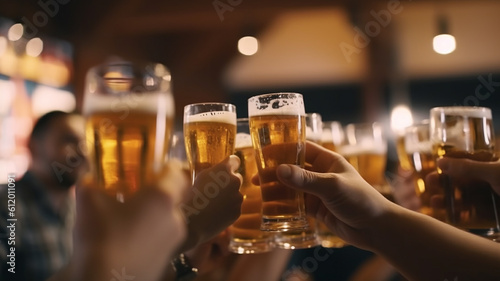 glass of beer in hand  group of happy friends drinking and toasting beer   generative ai