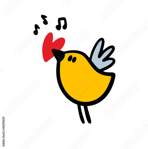 Doodle singing bird holding red heart in beak. Vector hand drawn picture of wild animal pet. photo