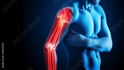 Digital bone on the human shoulder. Man suffering Injury caused by training. Tendon problems. Panoramic banner with free space on blank background, generative ai