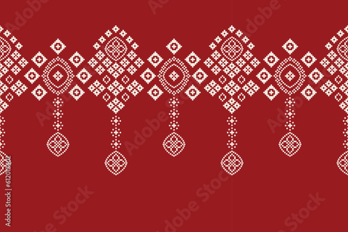 Ethnic geometric fabric pattern Cross Stitch.Ikat embroidery Ethnic oriental Pixel pattern red background. Abstract,vector,illustration. Texture,clothing,frame,decoration,motifs,silk wallpaper.