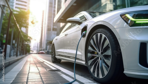 White electric car drive on road in urban city with EV home charger station building skyscraper cityscape view background. Transportation and sustainable energy concept. Generative AI © Virtual Art Studio