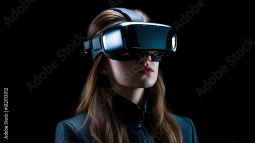 A woman wearing VR goggle on black background (Generative AI image) © yuruphoto