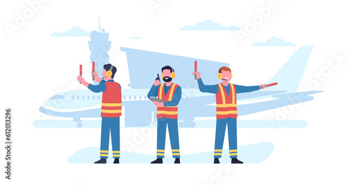 Air marshals in uniform with walkie-talkies. Employees in signal vests at aircraft runway. Airplane landing. Airport crew. Regulators poses. Standing men with sticks. Vector concept