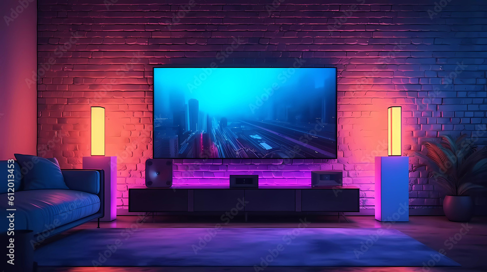 A modern, minimalist living room with RGB+LED backlighting, concept art, generative AI.
