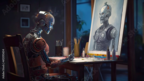 Obraz na płótnie AI humanoid robot artist painting self portrait