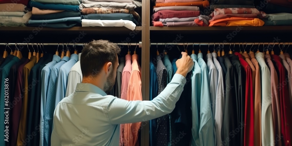 Fototapeta premium Man chooses clothes in the wardrobe, using both hands , concept of Personal Style, created with Generative AI technology