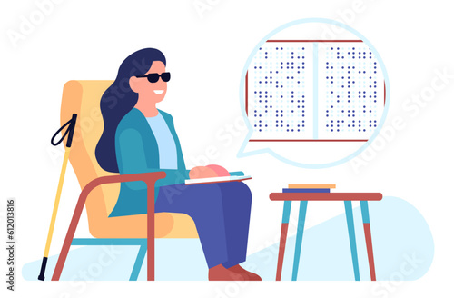 Blind woman reading Braille book at home. Disabled person sitting at armchair. Literature language for blindness. Education for handicapped people. Impaired eyesight. Vector concept
