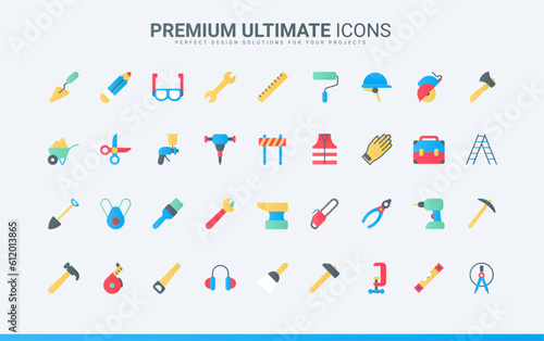 Safety helmet and vest for worker, spanner and hammer, paint. Construction diy tools and equipment for carpentry, building and repair work trendy flat icons set vector illustration