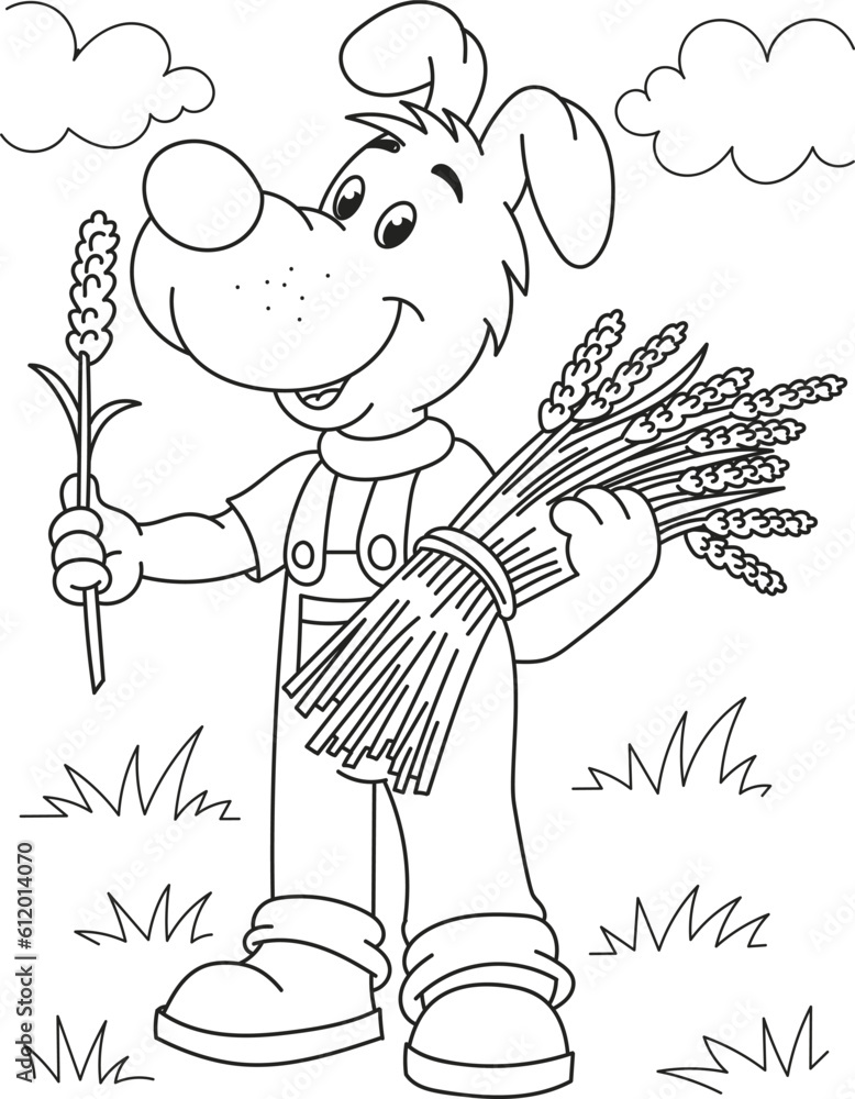 Fototapeta premium Coloring page outline of the cartoon smiling cute dog farmer. Colorful vector illustration, summer coloring book for kids.