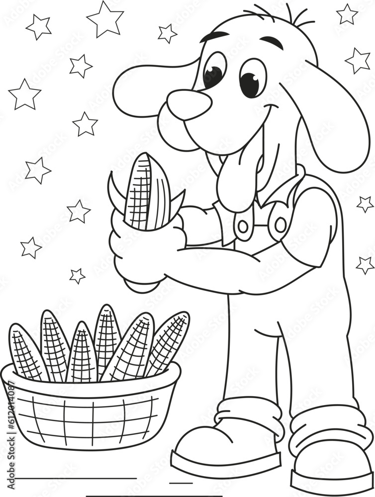 Coloring page outline of cartoon smiling cute little dog with corn