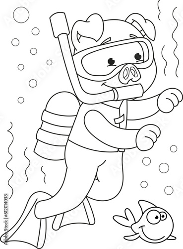 Coloring page outline of cartoon smiling cute pig diver. Colorful vector illustration, summer coloring book for kids.