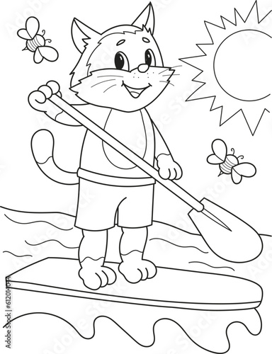 Coloring page outline of cartoon smiling cute cat on a paddle board. Colorful vector illustration, summer coloring book for kids.