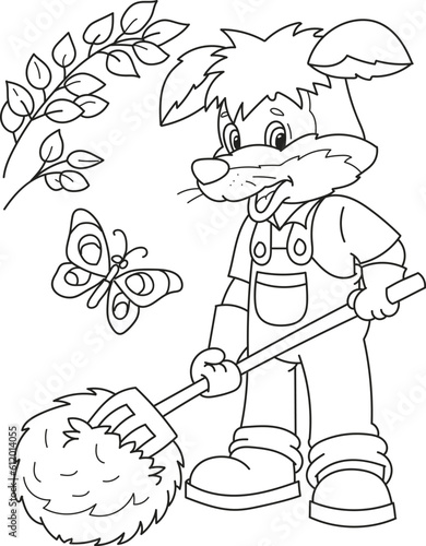 Coloring page outline of cartoon smiling cute little dog farmer. Colorful vector illustration, summers coloring book for kids.