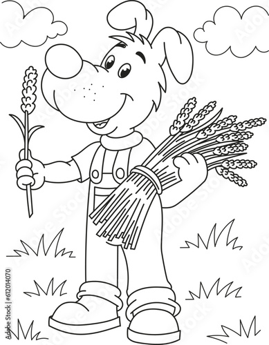 Coloring page outline of the cartoon smiling cute dog farmer. Colorful vector illustration, summer coloring book for kids.