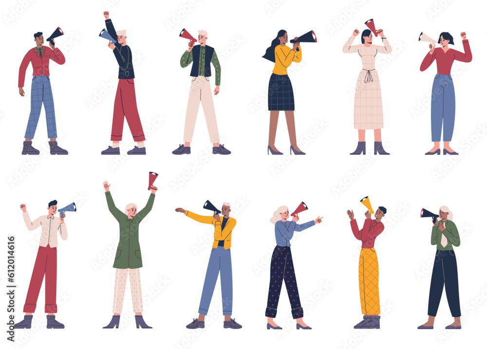 Obraz premium Cartoon agitators. People with megaphones. Men and women broadcast in speakers. Loudly announcing persons. Different poses. Agitation and protest demonstration. Vector activists set