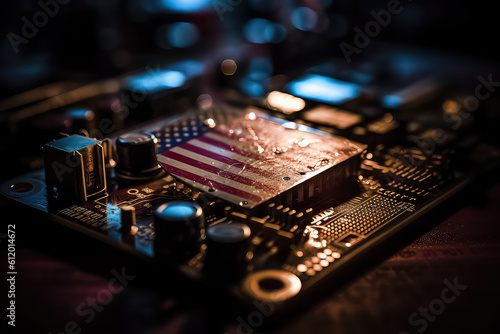 computer mainboard or motherboard with usa flag, AI photo