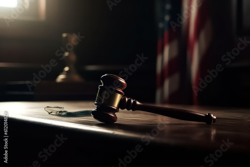 Judges wooden gavel with USA flag in the background. AI