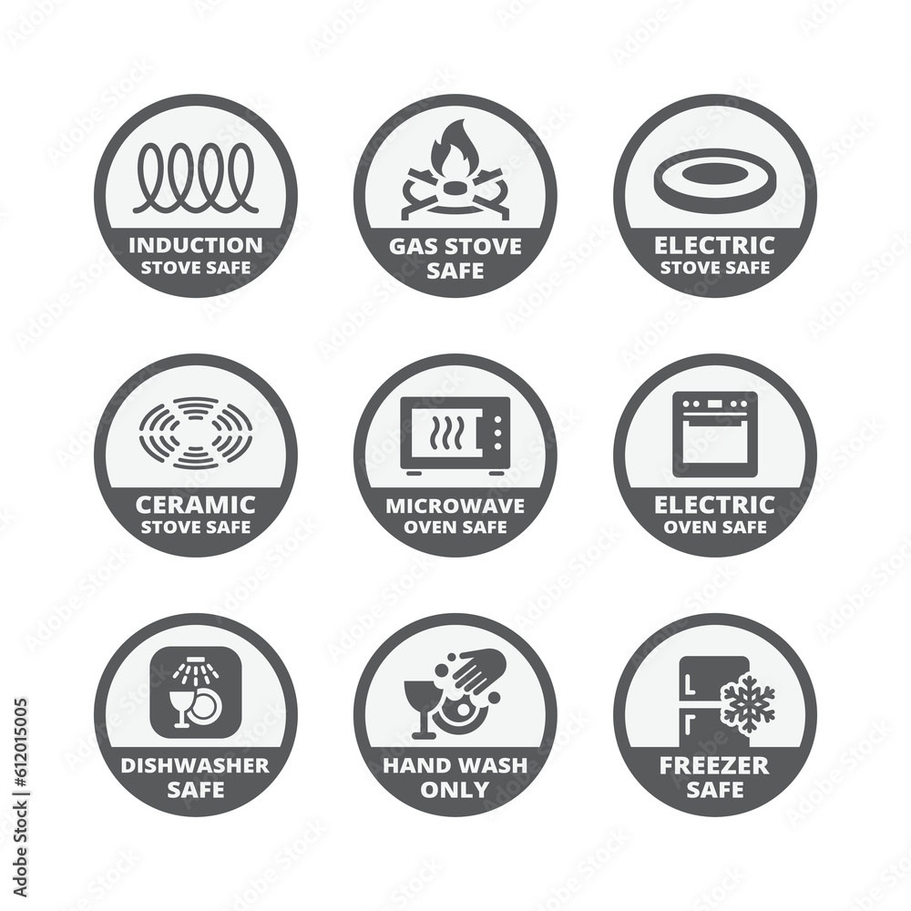 Electric, gas and induction stove safe label set. Dishwasher, microwave, electric safe labels for pots, pans and dishes. Electric, gas and induction stove safe label set. Dishwasher, microwave, electric safe labels for pots, pans and dishes.
