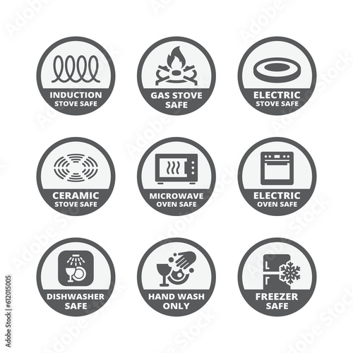 Electric, gas and induction stove safe label set. Dishwasher, microwave, electric safe labels for pots, pans and dishes.