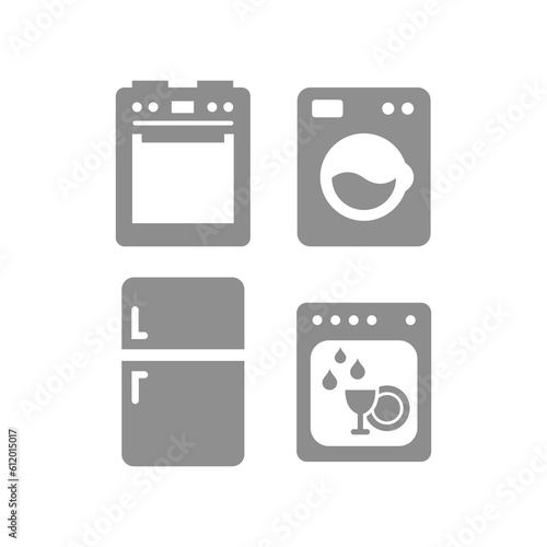 Home, household appliances, oven, stove and washing machine icons. Fridge, dishwasher vector icon set.
