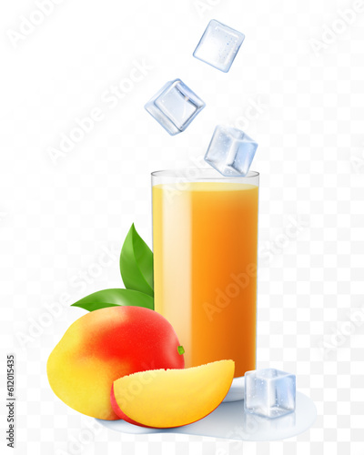 A glass of fresh mango juice or smoothie with ice cubes falling into the glass. Cup of cocktail or yogurt with ripe mango, isolated on transparent background. Realistic 3d vector