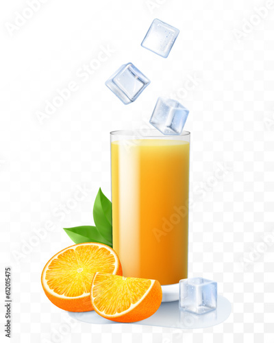 A glass of fresh orange juice with ice cubes falling into the glass. Cup of citrus smoothies with ripe orange, isolated on transparent background. Realistic 3d vector
