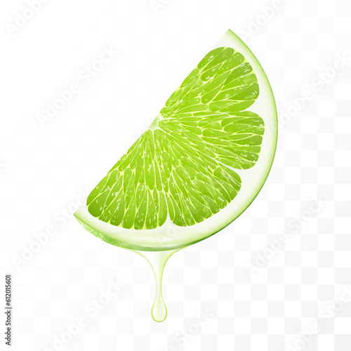 Sliced of green lime with juice dripping isolated on transparent background. Fresh slice of lime with essential oil dripping. Juicy fruit. Fresh citrus design. Realistic 3d vector