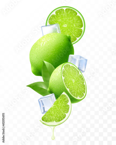 Fresh lime with ice cubes falling or flying. Composition of elements lime with leaves, half lime, sliced lime, 3D realistic vector illustration isolated on transparent background