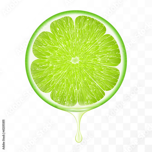 Sliced of green lime with juice dripping isolated on transparent background. Fresh slice of lime with essential oil dripping. Juicy fruit. Fresh citrus design. Realistic 3d vector