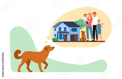 Homeless dog dreaming of home. Sad domestic animal imagining family and house. Parents and children. Pets adoption. Unwanted puppy. Disappointed mammals daydreaming. Vector concept