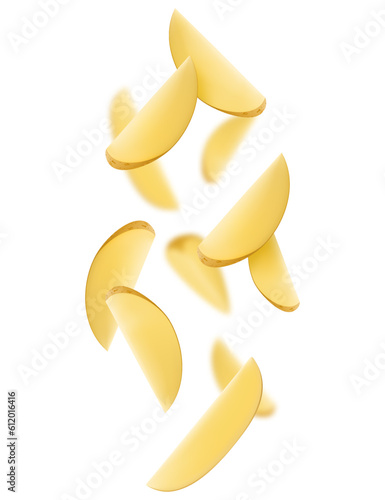 Isolated potato wedges in the air. Unpeeled slices of raw washed potato falling down over isolated on white background, Realistic 3d vector illustration