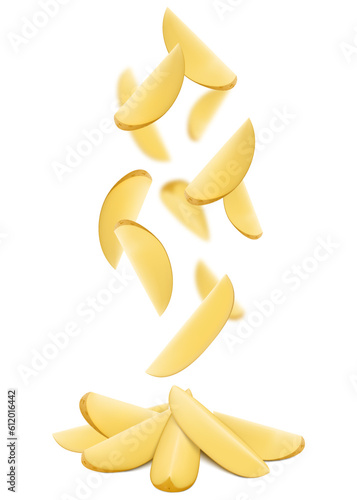 Isolated potato wedges in the air. Unpeeled slices of raw washed potato falling down over isolated on white background, Realistic 3d vector illustration