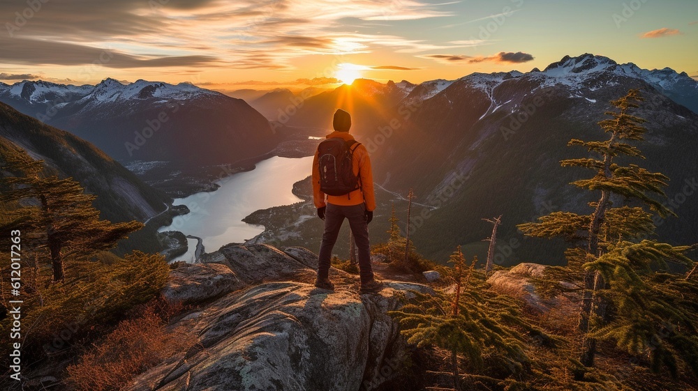 Photographer of travel and adventure capturing images of a spring sunset while hiking in the mountains. GENERATE AI - obrazy, fototapety, plakaty 