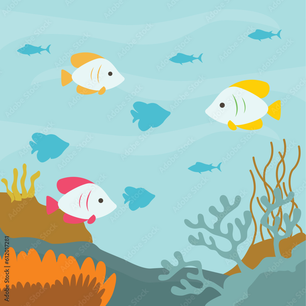 Underwater life background illustration with cute diver character Underwater life background illustration with cute diver character