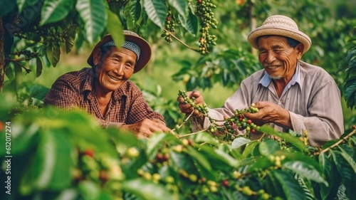An image shows joyful farmers gathering Arabica coffee beans from a coffee tree. GENERATE AI
