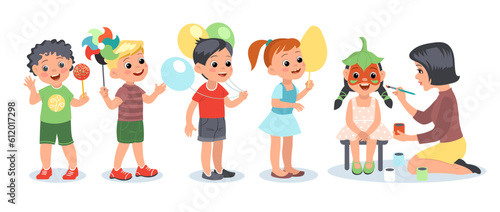 Kids funny makeup. Cute children standing in line for aquagrim. Female artist paints faces of boys and girls. Carnival party. Babies in queue. Holiday masquerade. Splendid vector concept photo