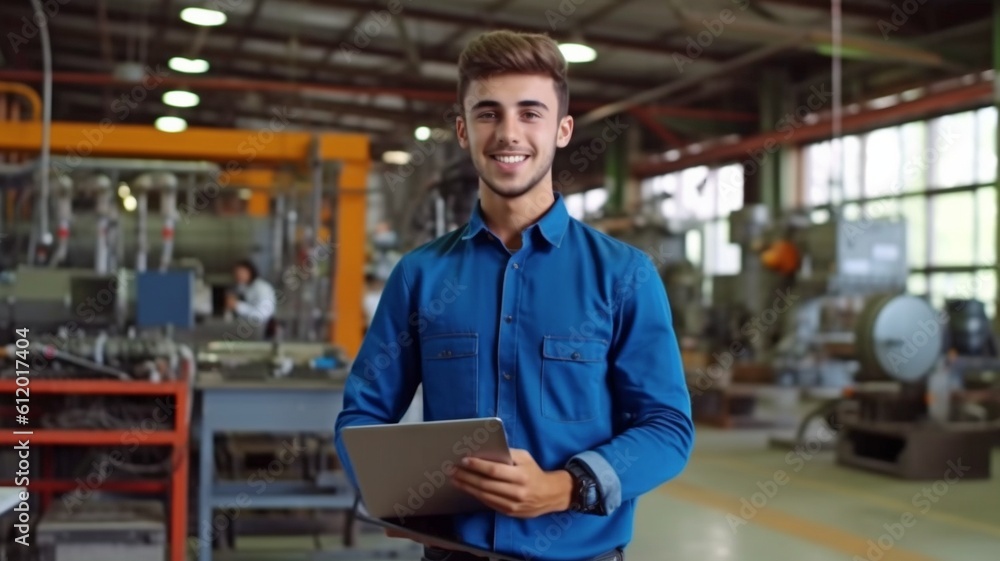 full-length photograph An attractive engineer wearing a safety helmet and grinning. laptop in hand and engineer suit. GENERATE AI full-length photograph An attractive engineer wearing a safety helmet and grinning. laptop in hand and engineer suit. GENERATE AI