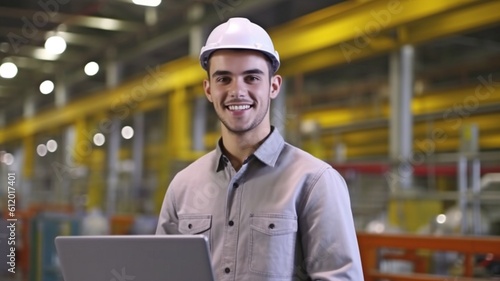 full-length photograph An attractive engineer wearing a safety helmet and grinning. laptop in hand and engineer suit. GENERATE AI