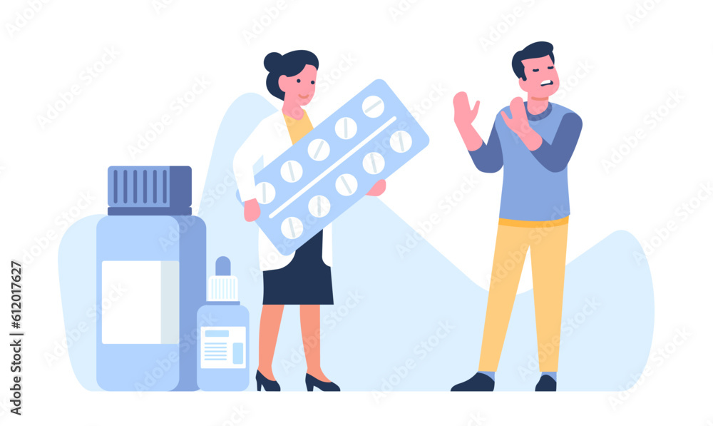 Man refuses to continue pharmaceutical treatment and take pills from doctor. Medication rejection. Medical blister or bottles. Physician and patient misunderstanding. Vector concept