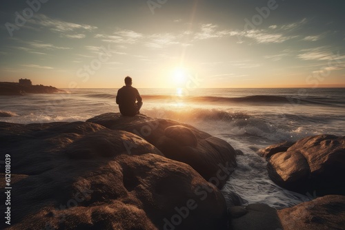 Man sea rock sunset. Generate Ai