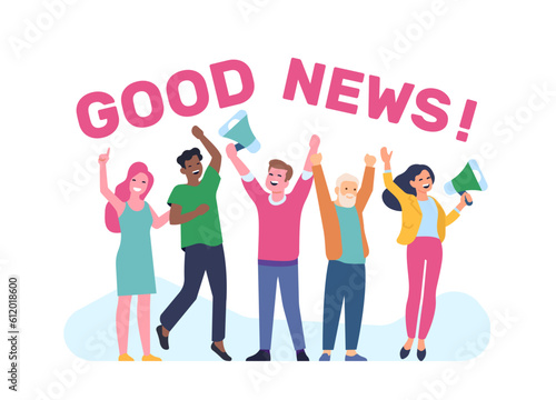 People of different nationalities rejoice in good news. Positive announce. Men and women group with megaphones. Multiethnic persons. Event celebration. Lettering phrase. Vector concept