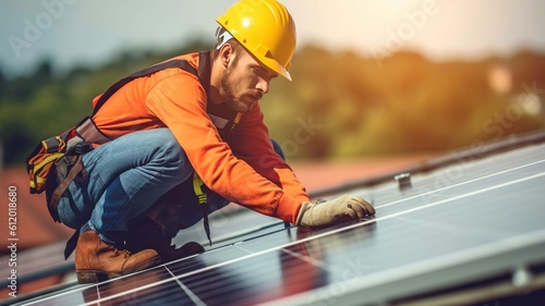 Electrical technician at work, solar power engineer installing solar panels on the roof, alternative renewable green energy producing concept. GENERATE AI