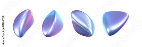 3d holographic liquid shape, iridescent chrome fluid bubble set isolated on white background. Render of abstract holographic metal blob with rainbow gradient effect. 3d vector geometric illustration.