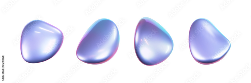 3d holographic liquid shape, iridescent chrome fluid bubble set isolated on white background. Render of abstract holographic metal blob with rainbow gradient effect. 3d vector geometric illustration 3d holographic liquid shape, iridescent chrome fluid bubble set isolated on white background. Render of abstract holographic metal blob with rainbow gradient effect. 3d vector geometric illustration