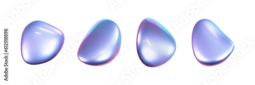 3d holographic liquid shape, iridescent chrome fluid bubble set isolated on white background. Render of abstract holographic metal blob with rainbow gradient effect. 3d vector geometric illustration