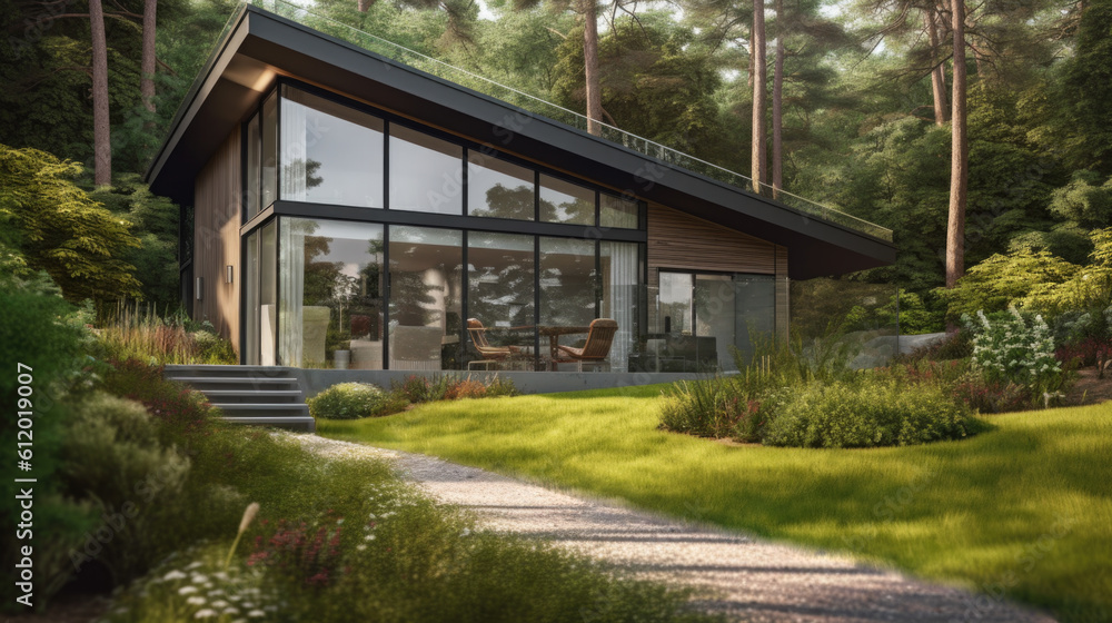 Modern house in beautiful surroundings deep in the forest on a sunny day. Created with Generative AI.