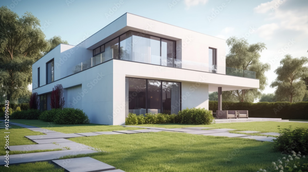 Modern white luxury house with large windows and garden Modern white luxury house with large windows and garden