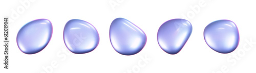 3d holographic liquid shape, iridescent chrome fluid bubble set isolated on white background. Render of abstract holographic metal blob with rainbow gradient effect. 3d vector geometric illustration