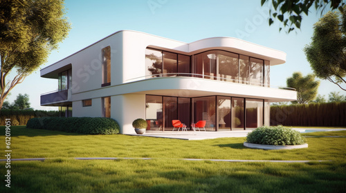 Modern white house n Bauhaus style  with large windows and spacious garden 
